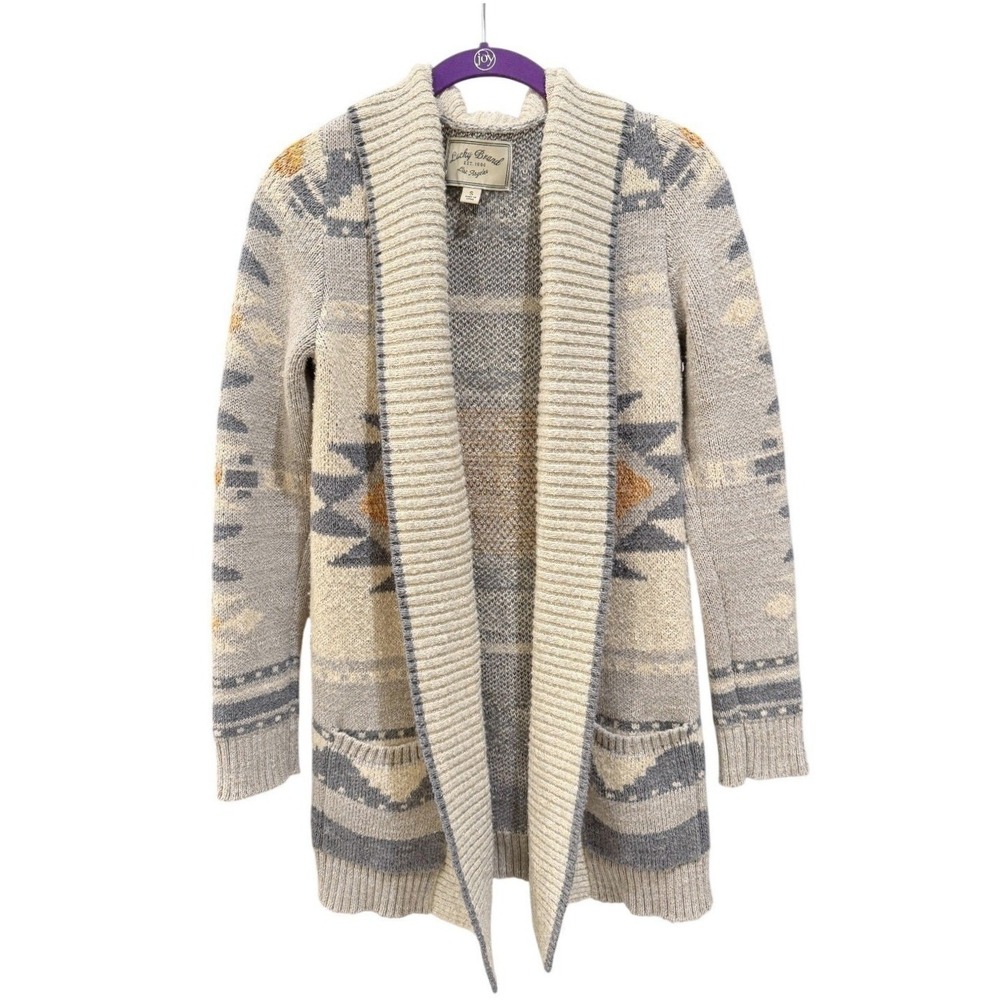 Lucky Brand Womens Cream Gray Aztec Knit Shawl Collar Open Cardigan Sweater S